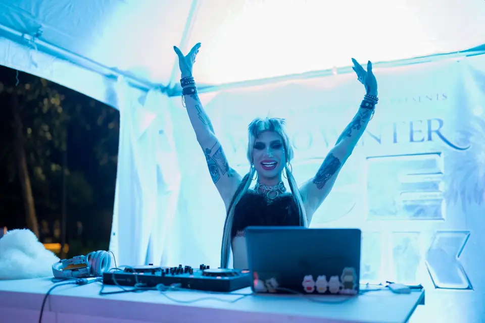 The DJ with both hands in the air
